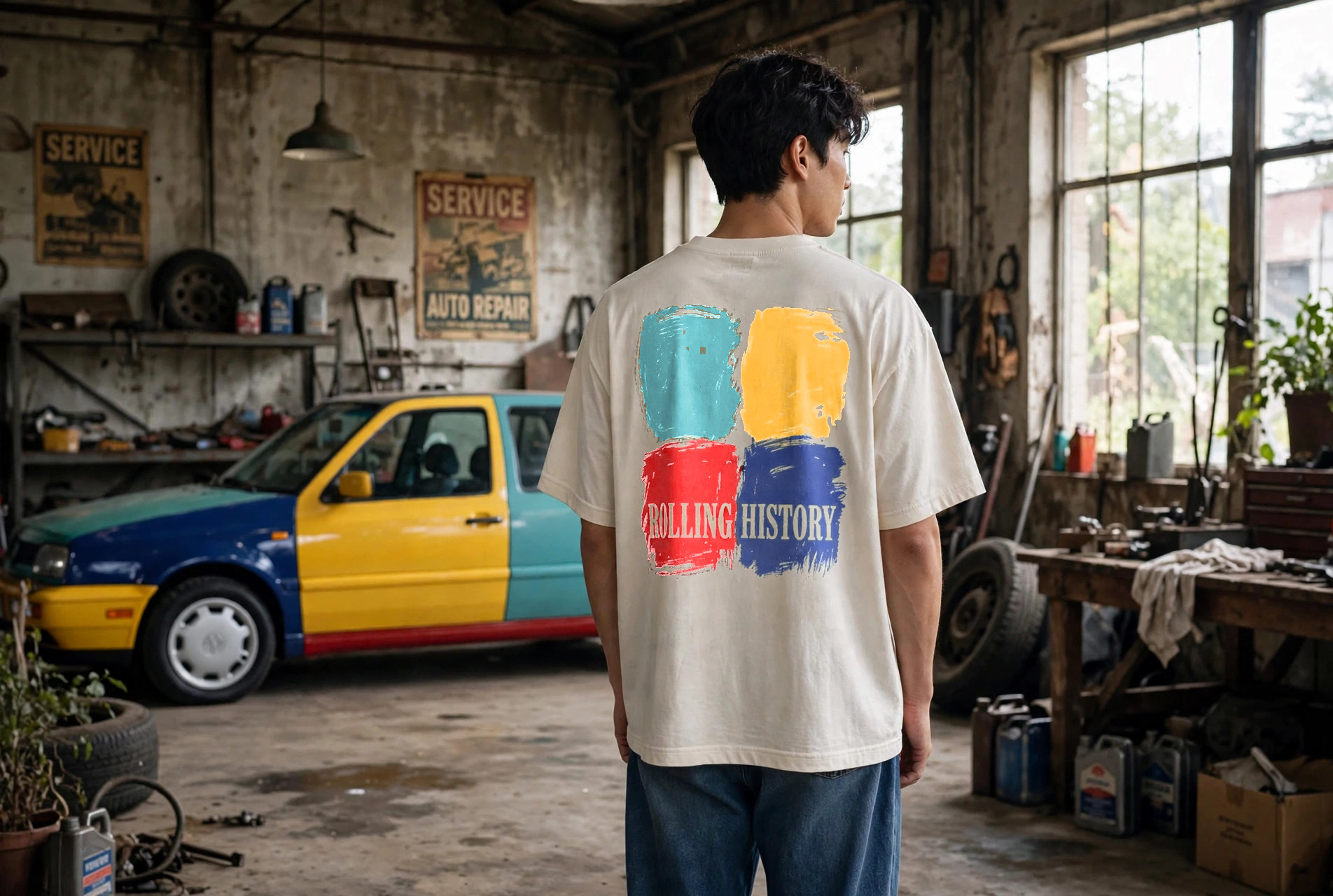 Back view of the Rolling History T-shirt concept with four Harlequin color blocks